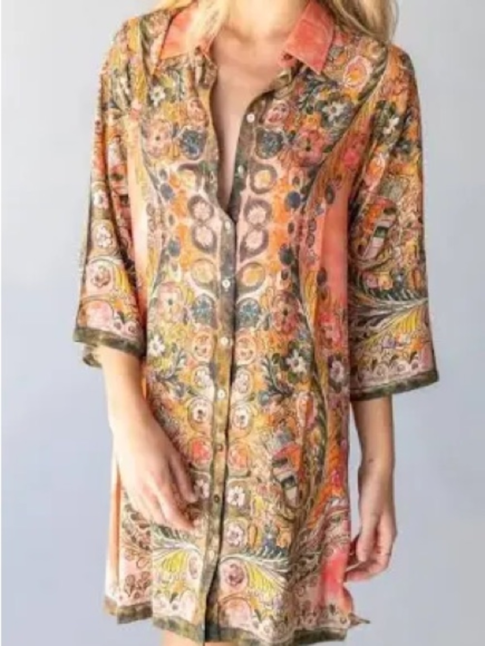 NATURAL LIFE Multicolor Paisley Button-Front Tunic Dress - Coral, Olive, Gold